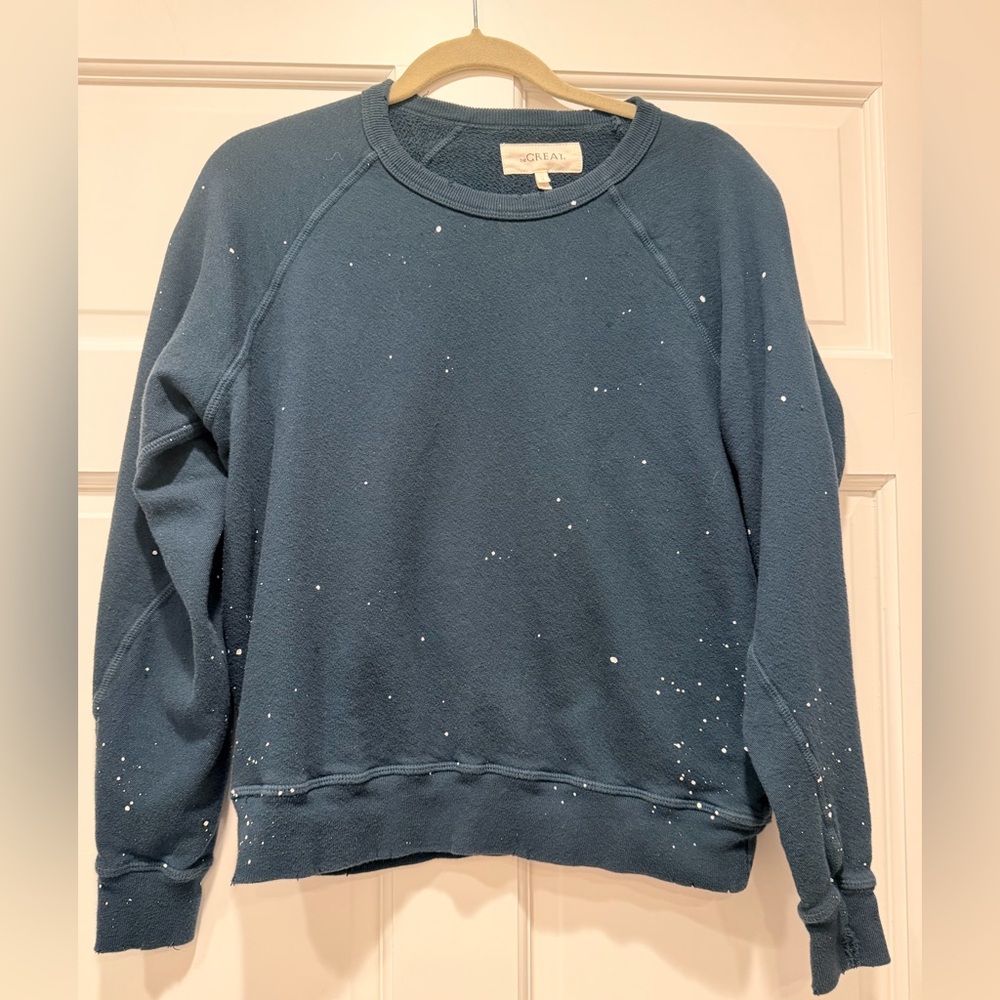 THE GREAT. The College Sweatshirt. Size 1 (S) Teal blue w/white splatter paint.